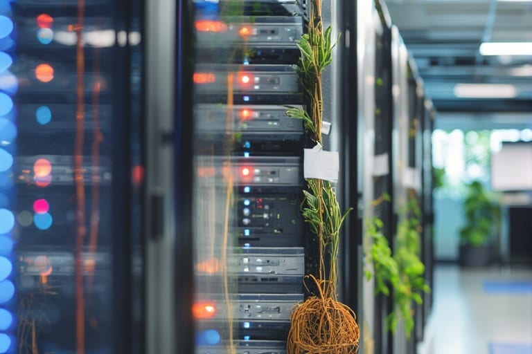Server racks at a modern tech company data center